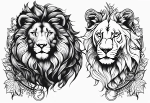 Wiccan Tree of life arm tattoo into woman and a fierce lion tattoo idea