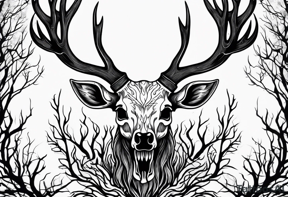 A scary decayed deer skull head with flames and trees tattoo idea