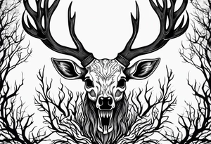 A scary decayed deer skull head with flames and trees tattoo idea