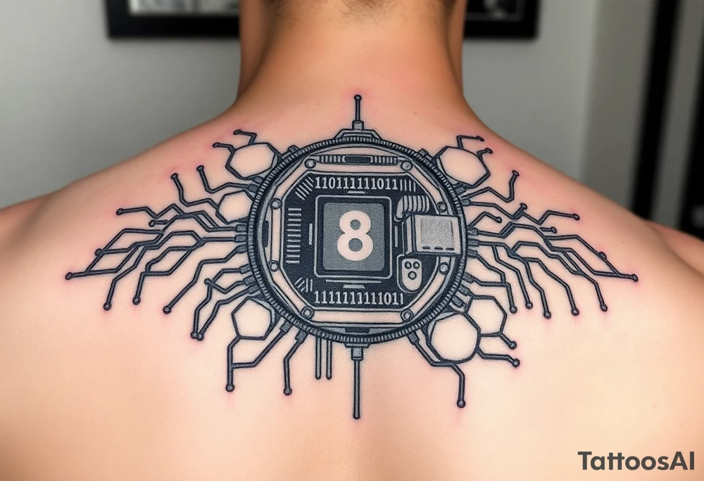 Bio-Mechanical internal computer, binary code, symbolism for 6 kids, 5 boys and youngest is a girl tattoo idea