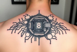 Bio-Mechanical internal computer, binary code, symbolism for 6 kids, 5 boys and youngest is a girl tattoo idea