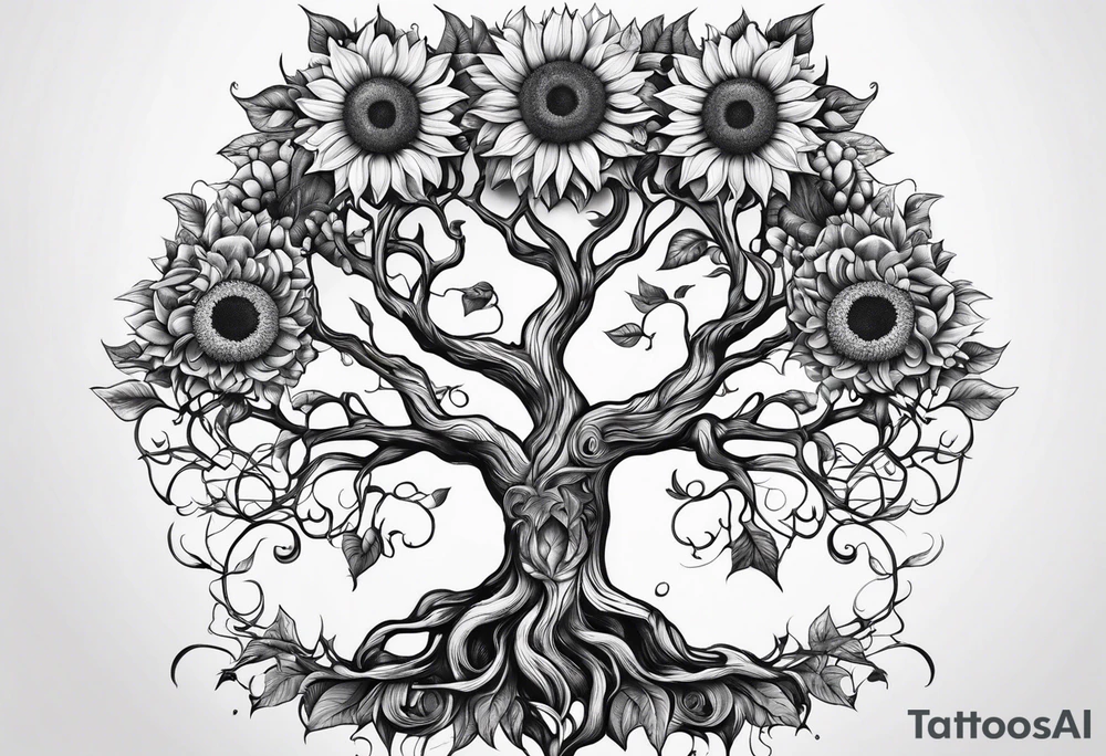 Feminine Yggdrasil tree with two sunflowers tattoo idea