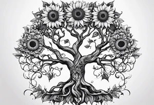 Feminine Yggdrasil tree with two sunflowers tattoo idea
