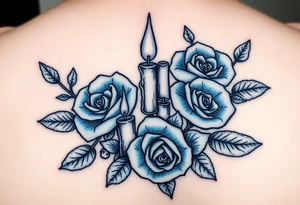 Blue roses and candles, water, fire, cartoon tattoo idea