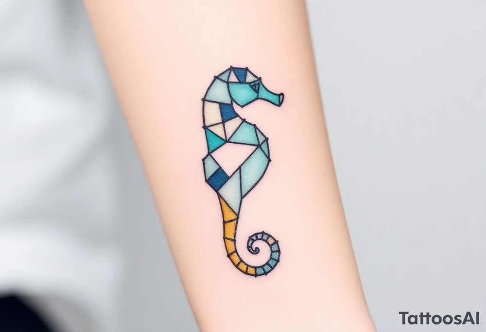 A geometric seahorse made of triangular facets, blending in shades of blue, teal, and gold. tattoo idea