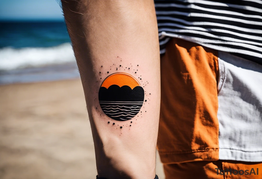 This is an extremely simple and minimalistic tattoo placed on male forearm. It is black and white with tiny splashes of orange from the sun. The tattoo is 4 inches wide by 2 inches tall. From the perspective of being on the ocean, the water is calm, with no waves in sight, the sun is setting behind the ocean, reflecting light onto the water. Most importantly, the tattoo in the shape of a rectangle, 4 inches wide by 2 inches tall. tattoo idea