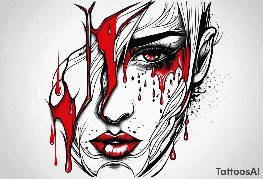 Bleeding tear flows to down from red eye Man sleeve tattoo design tattoo idea