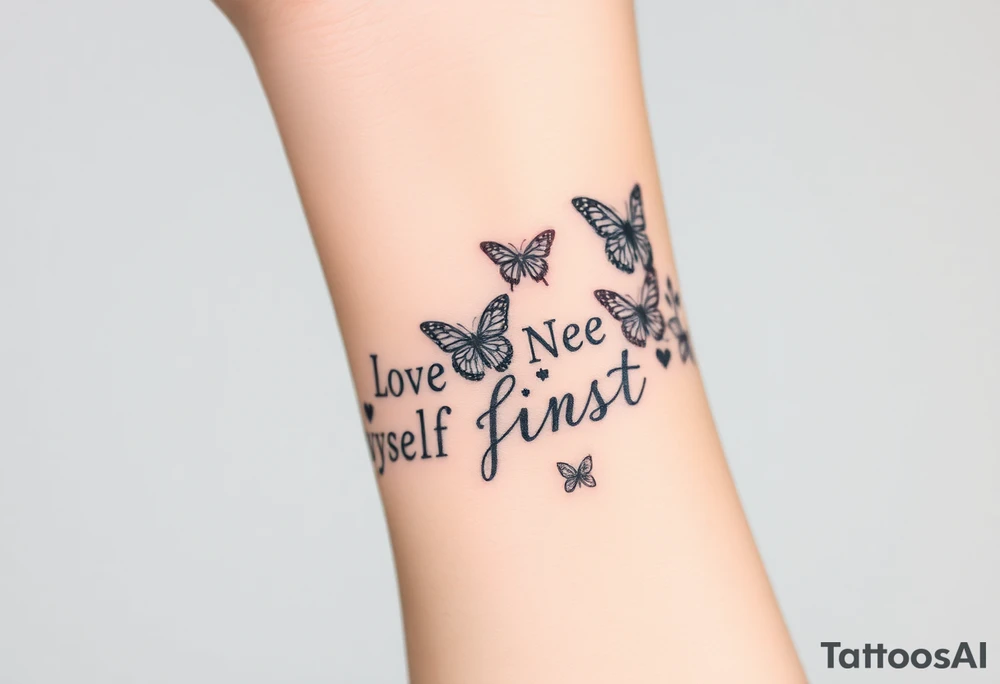 Love myself First with butterflies and flowers 
Letters L,M,N,O,P discreetly hidden among the foliage tattoo idea