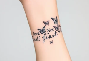 Love myself First with butterflies and flowers 
Letters L,M,N,O,P discreetly hidden among the foliage tattoo idea