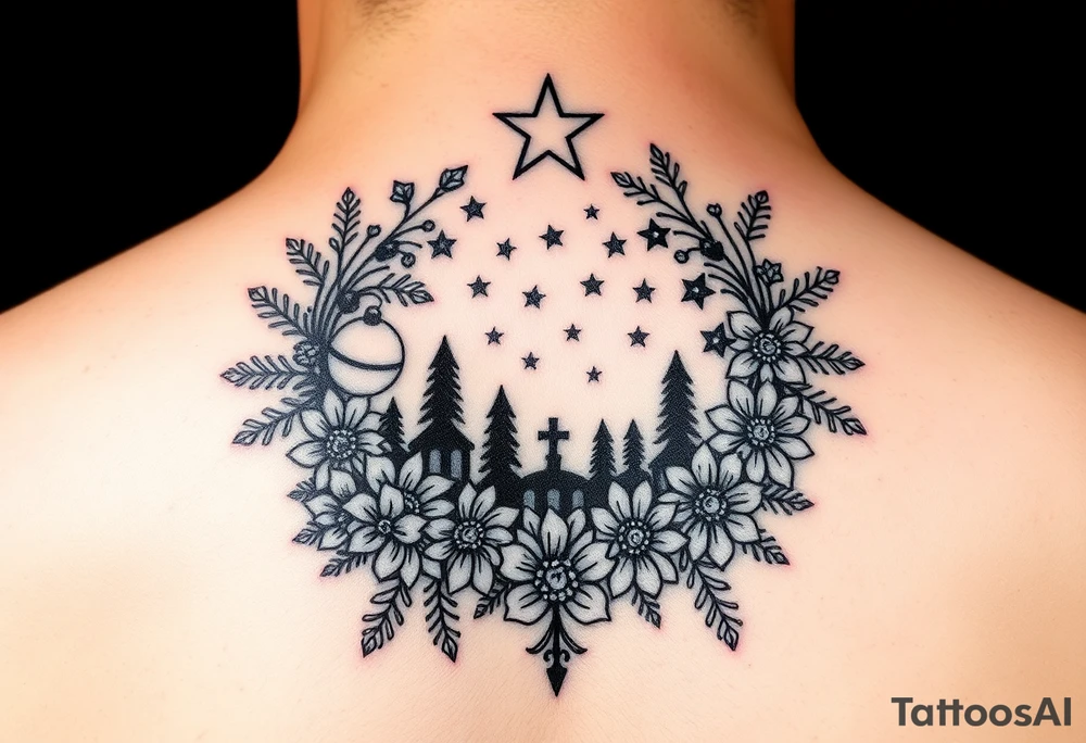 silhouettes of christmas and winter elements surrounded by floral ornaments and stars tattoo idea