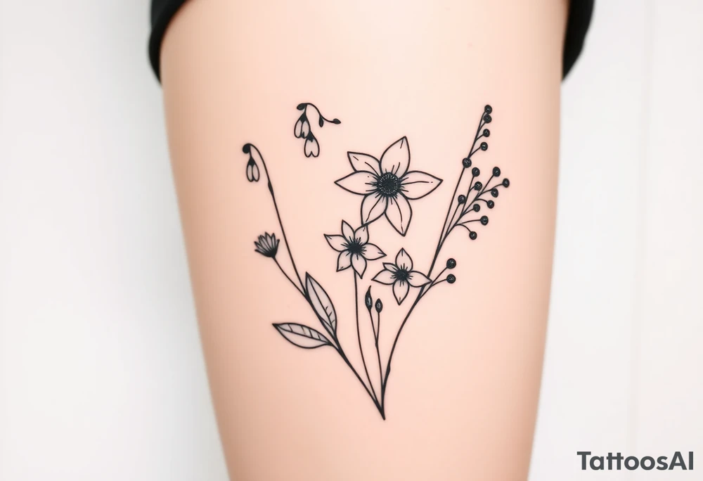 Simple small design in black bunch of flowers 1 lily of the valley 1 daffodil 1 holly 1 larkspur tattoo idea