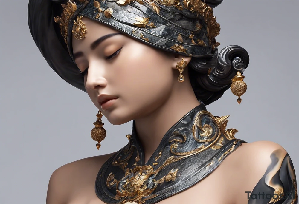Visualize a mesmerizing tattoo featuring a majestic marble statue depicted in the process of breaking free from its stone confines, symbolizing the liberation of the mind and the pursuit of higher understanding. The statue's form, sculpted with meticulous detail, appears to be emerging from a celestial shell adorned with cosmic motifs and swirling galaxies. As the shell fractures, radiant beams of light pierce through, illuminating the surrounding space in a breathtaking display of enlightenment and awakening. In the background, a vast expanse of stars and celestial bodies stretches into infinity, evoking a sense of wonder and boundless potential. This tattoo serves as a powerful metaphor for breaking free from limitations and embracing the expansive universe of knowledge and possibility. tattoo idea