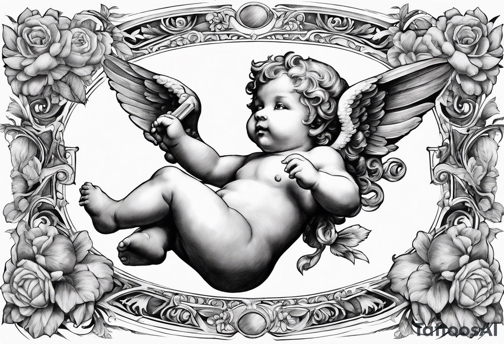 renaissance style cherub flying with teddy bear tattoo idea