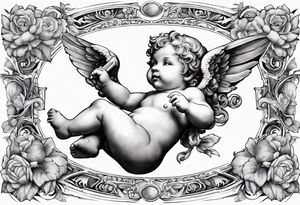 renaissance style cherub flying with teddy bear tattoo idea
