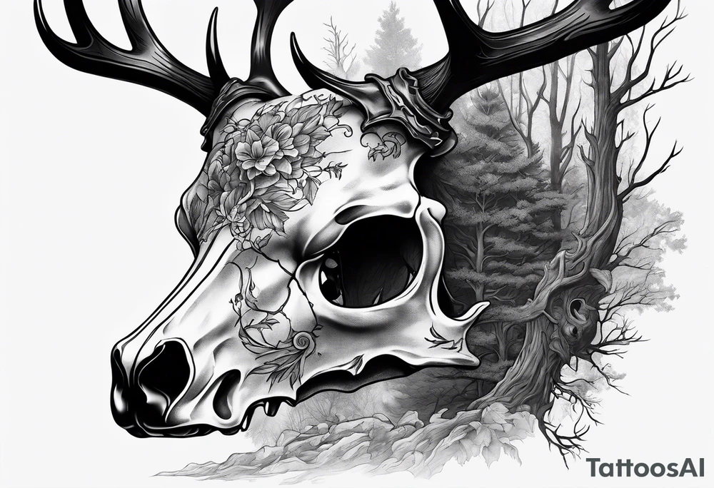 A side view of a decayed deer skull JUST BONE surrounded by trees and fire in background tattoo idea