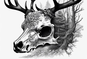 A side view of a decayed deer skull JUST BONE surrounded by trees and fire in background tattoo idea