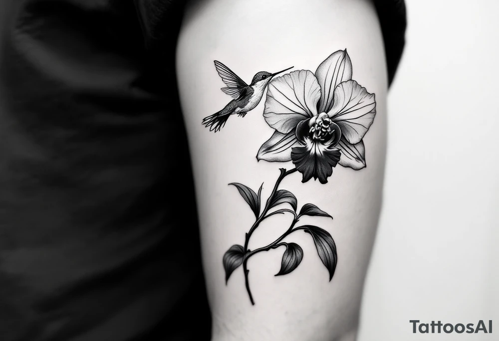 A delicate, black and white fine-line tattoo for male, featuring gracefully detailed 2 orchids in full bloom including their stems, with soft, intricate petals and elegant curves. Beside it, a hummingbird hovers mid-flight, its wings drawn with subtle motion lines, its slender beak reaching toward the orchid’s center to drink its nectar. on the other flower there is a bee that is resting tattoo idea