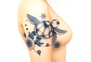 Baby sea turtle with ocean scene surrounded with sea urchins tattoo idea