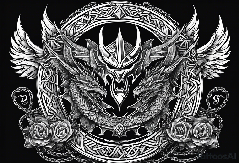 Valhalla sword shield dragon axe Valknut barbed wire chains fire tattoo idea Valhalla sword shield dragon axe Valknut barbed wire chains fire tattoo idea