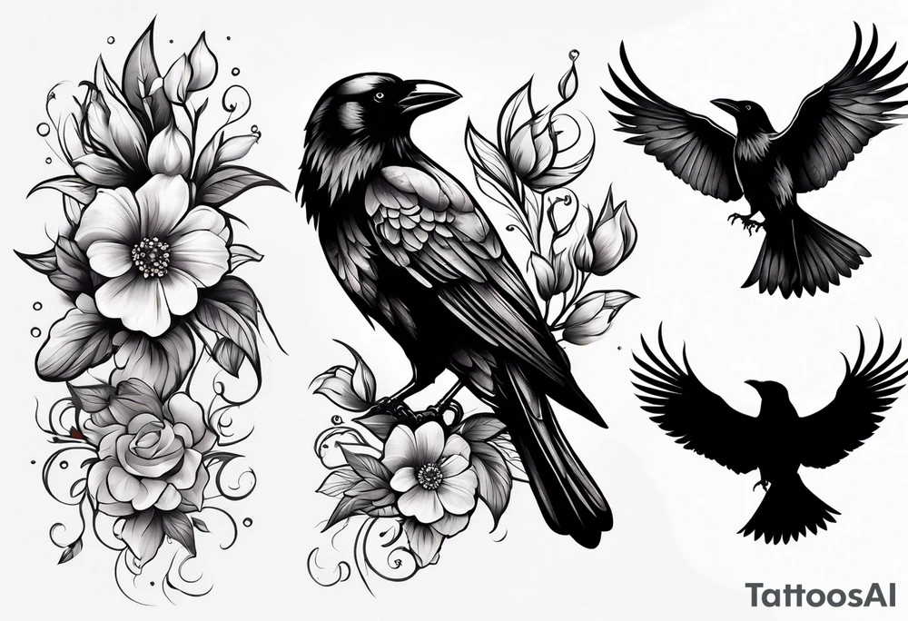 crow and flowers half sleeve tattoo idea