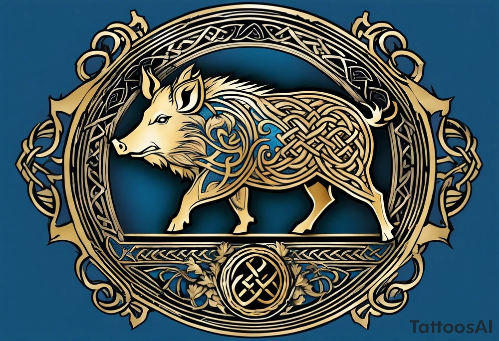 Side profile, Celtic, tribal, wild boar, On a Chatwin family crest with blue background, two gold stars, and a gold Chevron, and a Thistle. With bold black tribal lines. ancient Celtic, tribal boar tattoo idea