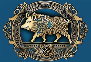 Side profile, Celtic, tribal, wild boar, On a Chatwin family crest with blue background, two gold stars, and a gold Chevron, and a Thistle. With bold black tribal lines. ancient Celtic, tribal boar tattoo idea