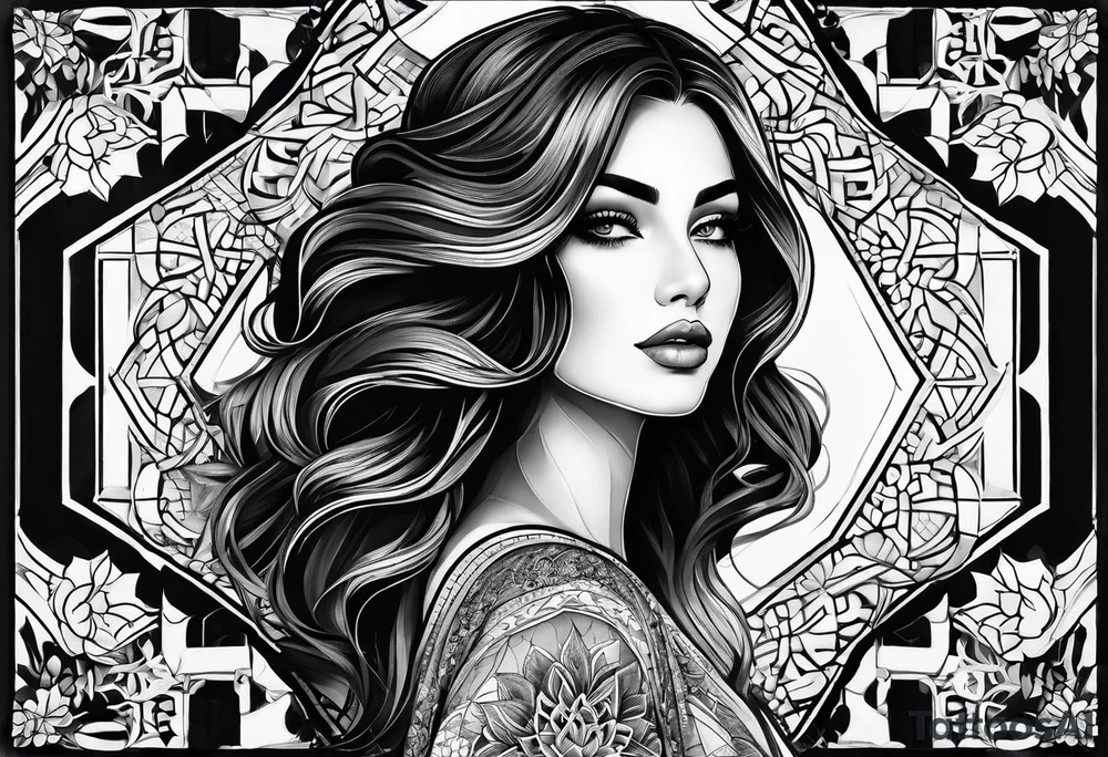 Arabic themed with fine line floral and geometric shapes tattoo idea
