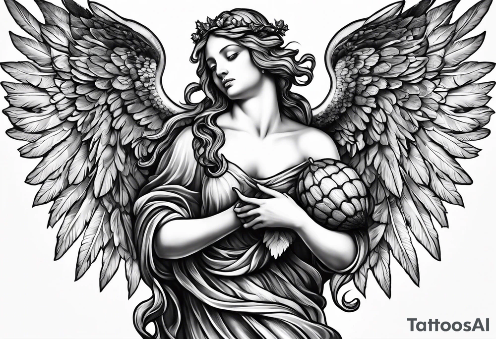 Spiritual angel holding an acorn tattoo idea
