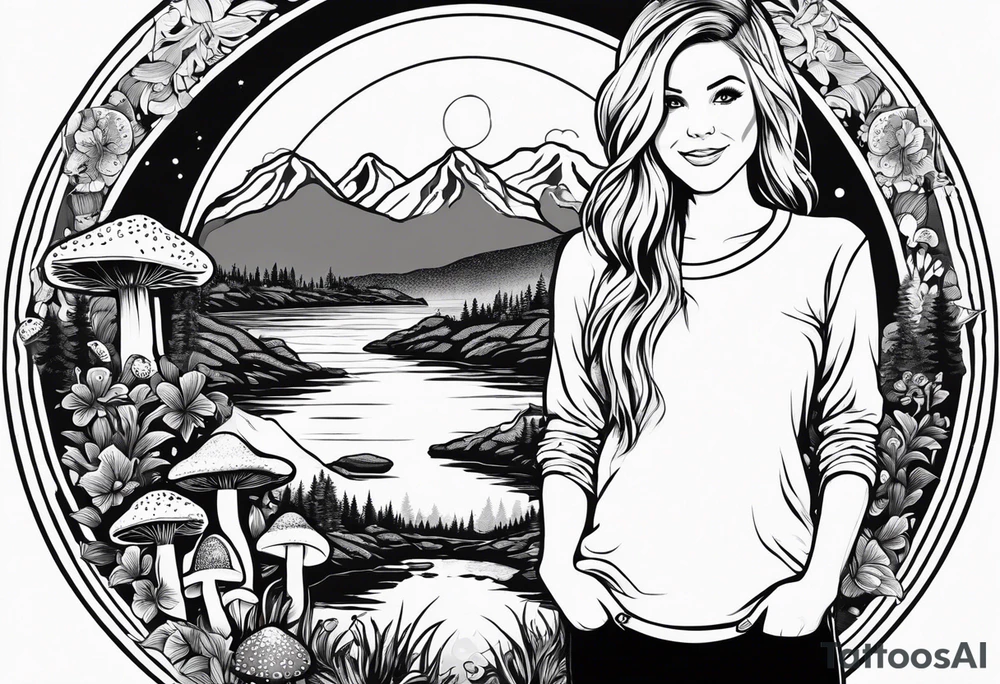 Whole picture encircled fully

Straight long blonde hair hippie girl in distance holding mushrooms in hand facing away toward mountains and creek surrounded by mushrooms long sleeve shirt and hiking pants; whole rendering within a full circle, no cut off circle tattoo idea