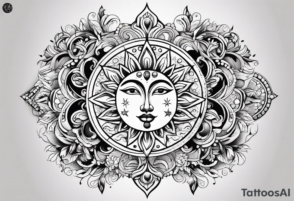Mexican Sun and moon sternum swirls and dots and stars tattoo idea
