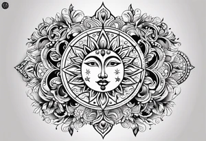 Mexican Sun and moon sternum swirls and dots and stars tattoo idea