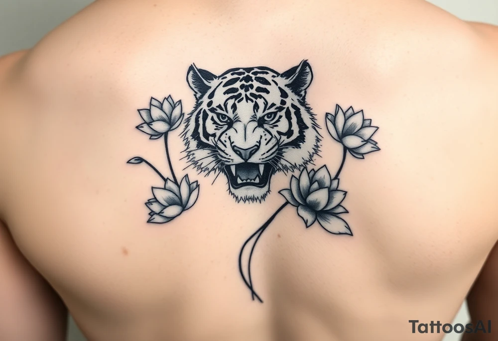 fierce tiger emerging through blooming lotus flowers in mist tattoo idea