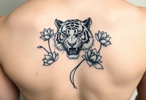 fierce tiger emerging through blooming lotus flowers in mist tattoo idea