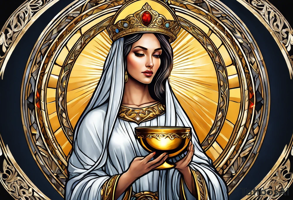 holy saint woman with golden halo holding a chalice tattoo idea