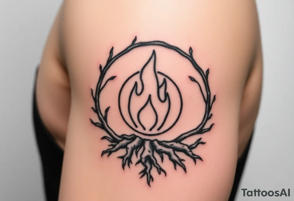 a round flame imprisoned in a roots circle tattoo idea