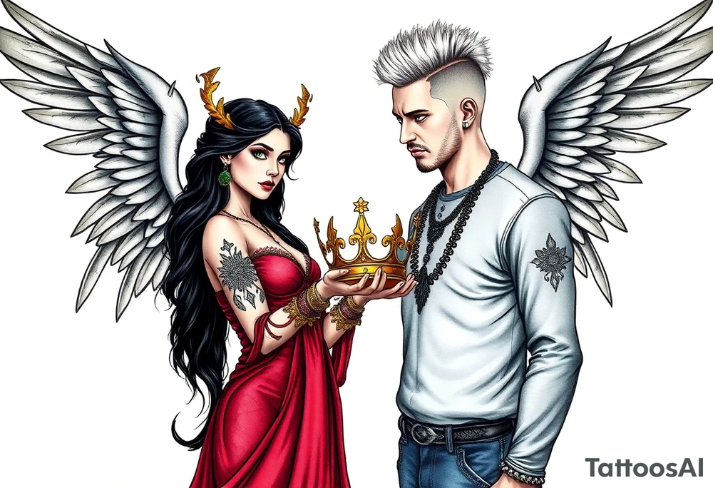 A Scorpio gypsy woman with wings like an angel and long black hair and green eyes holding a kings crown in her hands putting it on a tall man with silver short faux hawk hair and blue eyes. She is wearing a long flowing dress tattoo idea