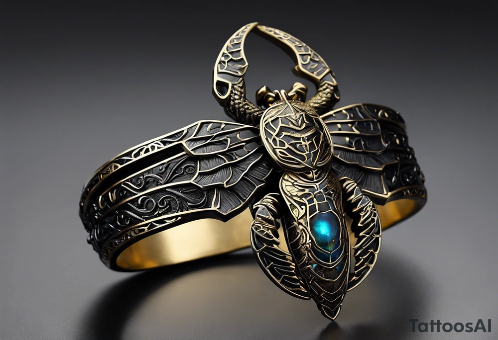 Winged scorpion with mystical details, such as glowing eyes and a tail that spirals, ending in a luminous stinger. Its body would have intricate patterns inspired by the Scorpio constellation, with a subtle glow that suggests power and mystery.

The creature could be accompanied by black-tinted bracelets encircling the arm. These bracelets could be designed with geometric lines or ancient symbols, creating a visual harmony between the creature and the bracelets, representing protection and connection with cosmic forces. The tattoo as a whole would evoke strength, mystery, and the intense essence of Scorpio. tattoo idea