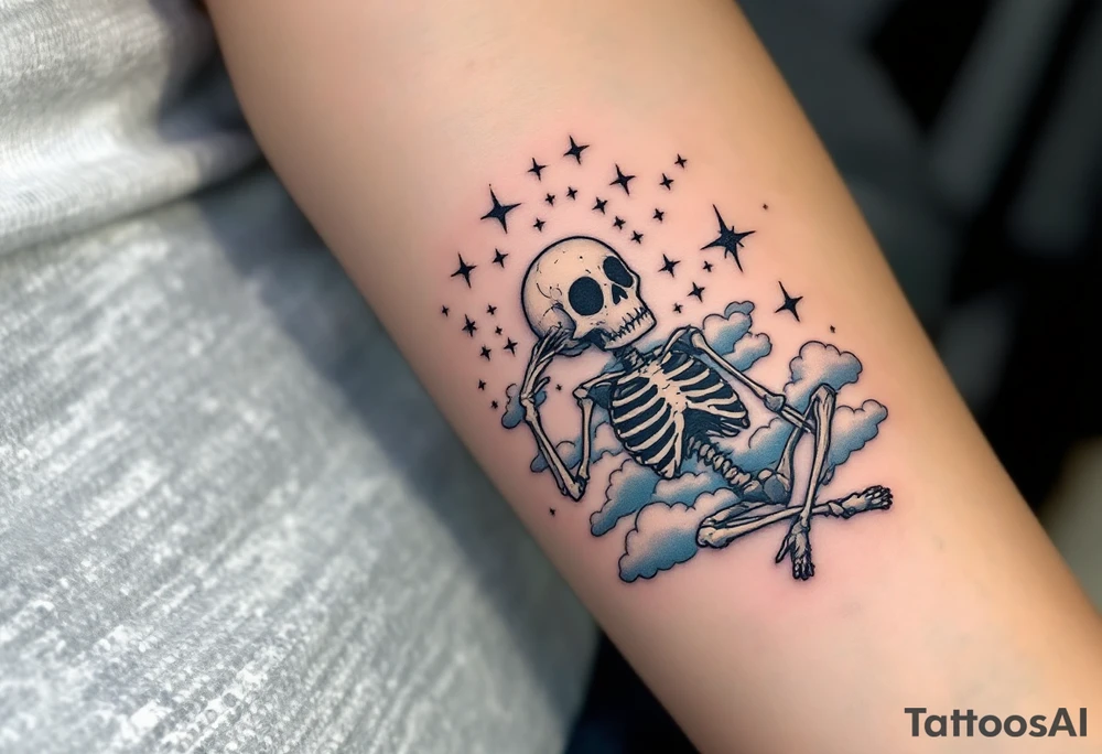 Tim Burton’s dreaming skeleton lies in a field of gray-blue clouds and faintly glowing stars. tattoo idea