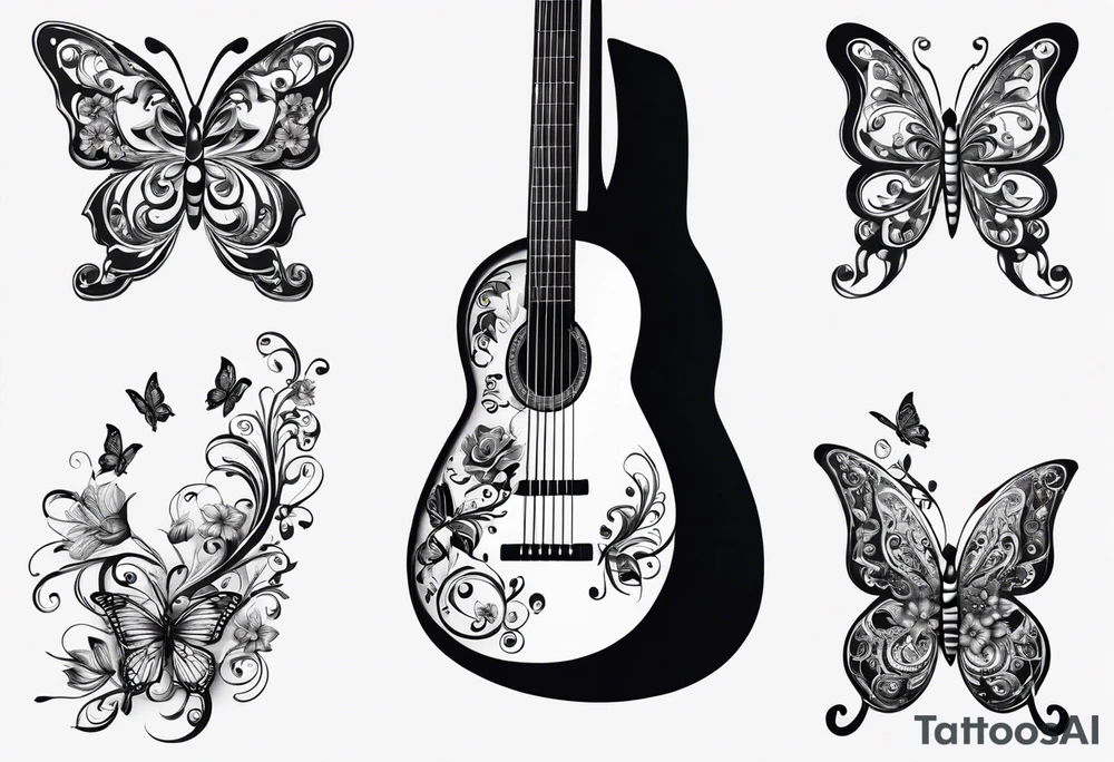 Guitar in shape of treble clef with flowers growing off the side, butterflies, small tattoo idea