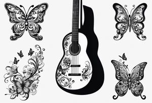 Guitar in shape of treble clef with flowers growing off the side, butterflies, small tattoo idea