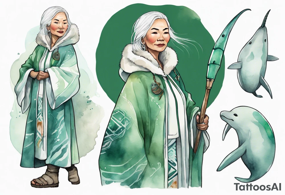a 45-year-old Inuit woman with white  hair wearing a white and green cloak with a large narwhal tattoo idea