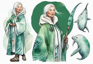 a 45-year-old Inuit woman with white  hair wearing a white and green cloak with a large narwhal tattoo idea