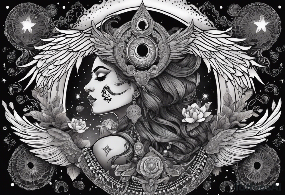 black kali, goddess pirate, alien, angel, pachamama, valkrye, warrior, flying, skull, lotus azul, wing, eagle, zenza resonance, stars, 5D, anahata chakra, death, durga, riding on a tiger, flying lady, kundalini, chest tatoo, samuri, rebel,serpent tattoo idea