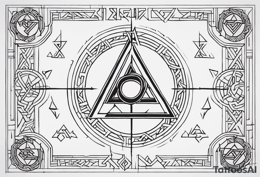 Thin line of a Nordic chain that surrounds the forearm, divided in steps with Yggdrasil, Valknut, Uruz (ᚢ), Raido (ᚱ), Gebo (ᚷ), Perthro (ᛈ), Elhaz (ᛉ), Laguz (ᛚ) and Odin’s Ravens. tattoo idea