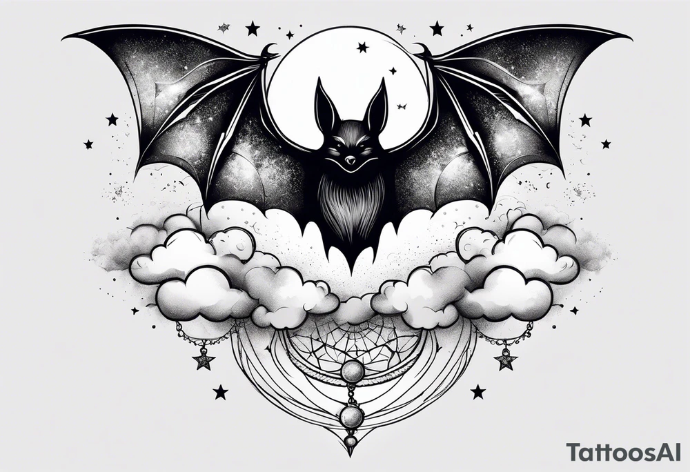 A bat wrapped in clouds and smoke with stars and sparkles and a moon tattoo idea