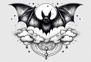 A bat wrapped in clouds and smoke with stars and sparkles and a moon tattoo idea