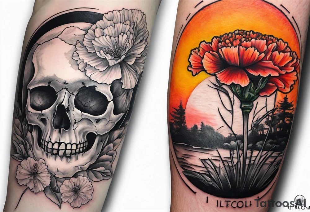 Left forearm tattoo of sunset and carnations on the outside of the forearm and on the inside there will be marigolds and a small skull tattoo idea