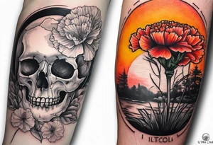 Left forearm tattoo of sunset and carnations on the outside of the forearm and on the inside there will be marigolds and a small skull tattoo idea