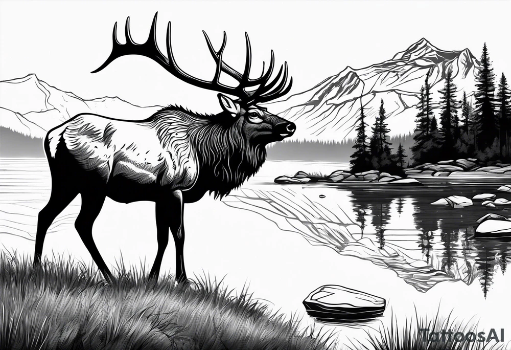 majestic elk near a lake, with mountains in the background tattoo idea