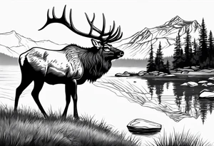 majestic elk near a lake, with mountains in the background tattoo idea